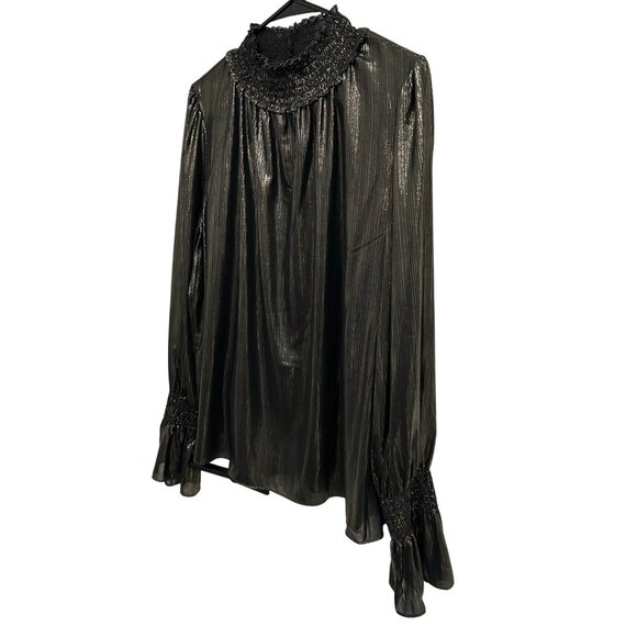 Worthington Metallic Black Gold Shimmer Blouse Smocked Collar Cuffs Sz XXL - Picture 3 of 9